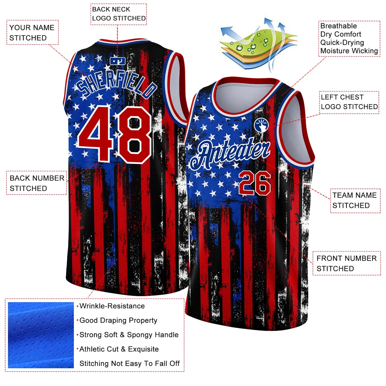Custom Black Red-Royal 3D American Flag Fashion Authentic Basketball Jersey view 2