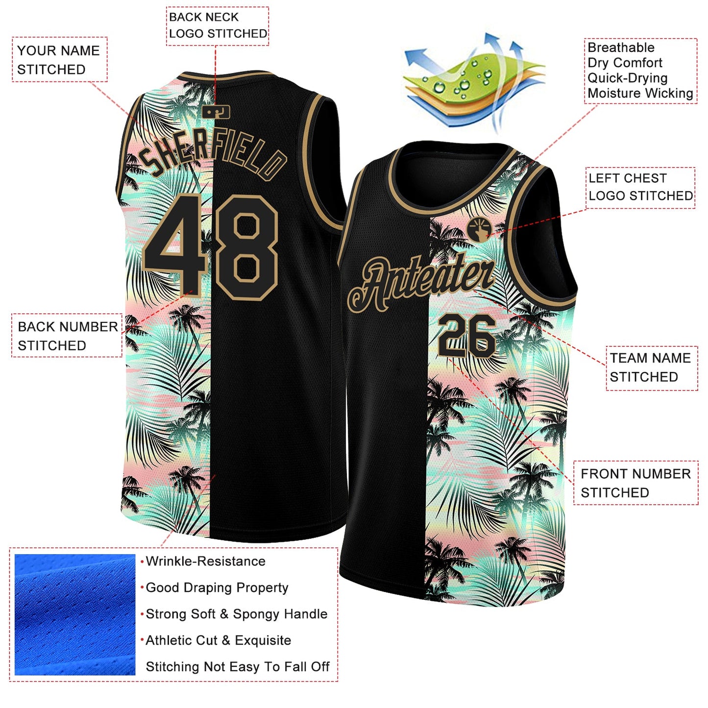 Custom Black Old Gold 3D Pattern Tropical Hawaii Palm Trees Authentic Basketball Jersey view 2