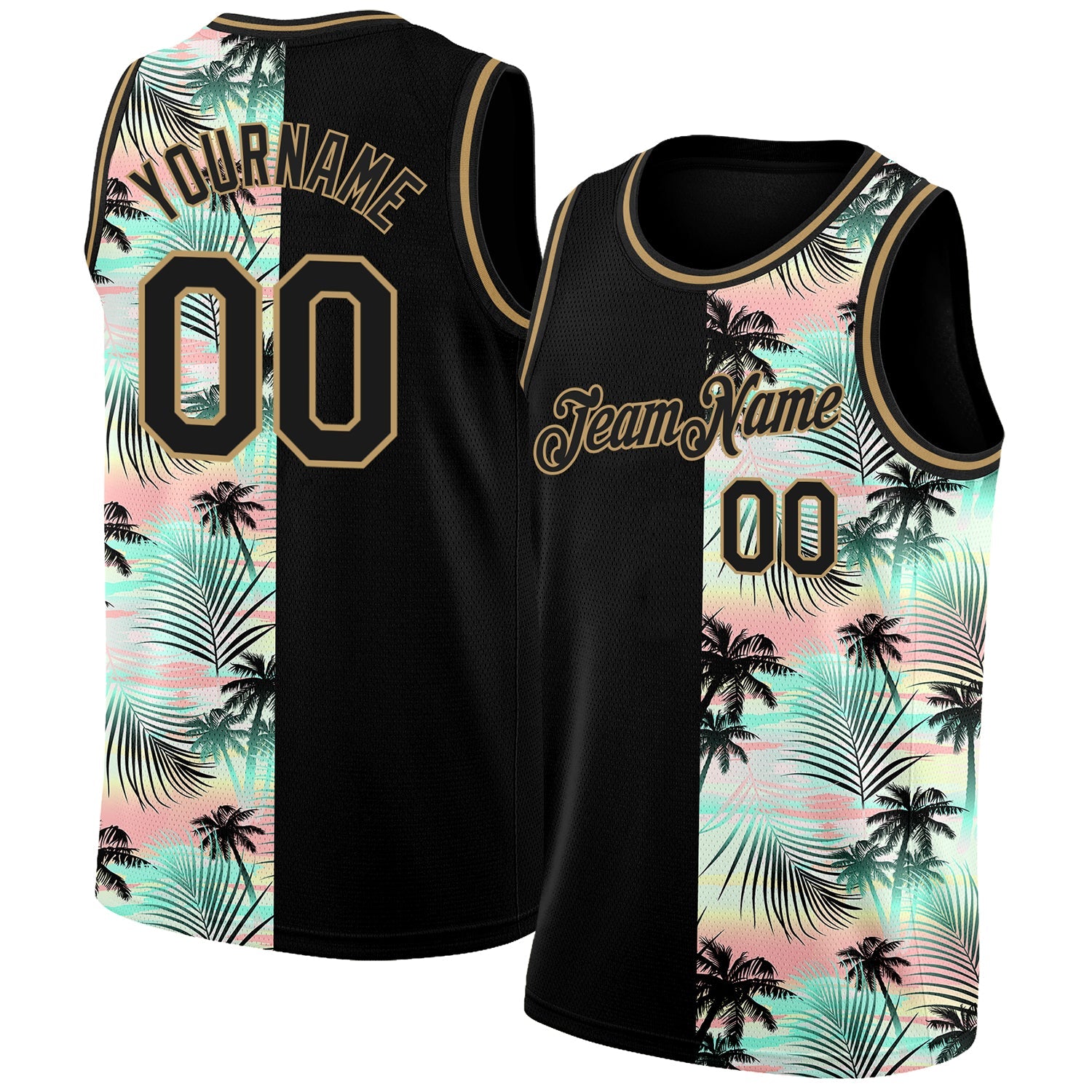 Custom Black Old Gold 3D Pattern Tropical Hawaii Palm Trees Authentic Basketball Jersey - Main View