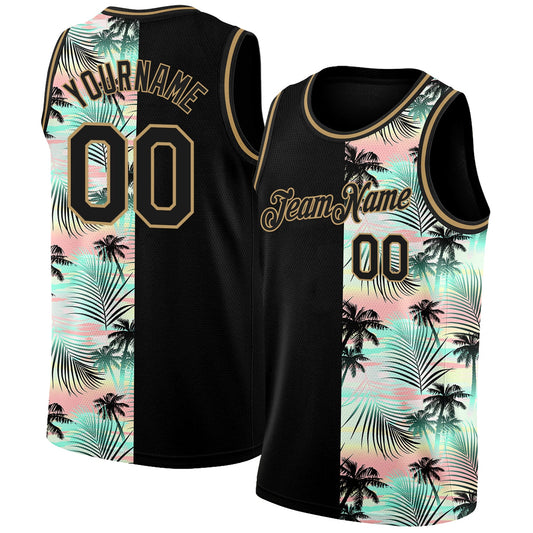 Custom Black Old Gold 3D Pattern Tropical Hawaii Palm Trees Authentic Basketball Jersey - Main View