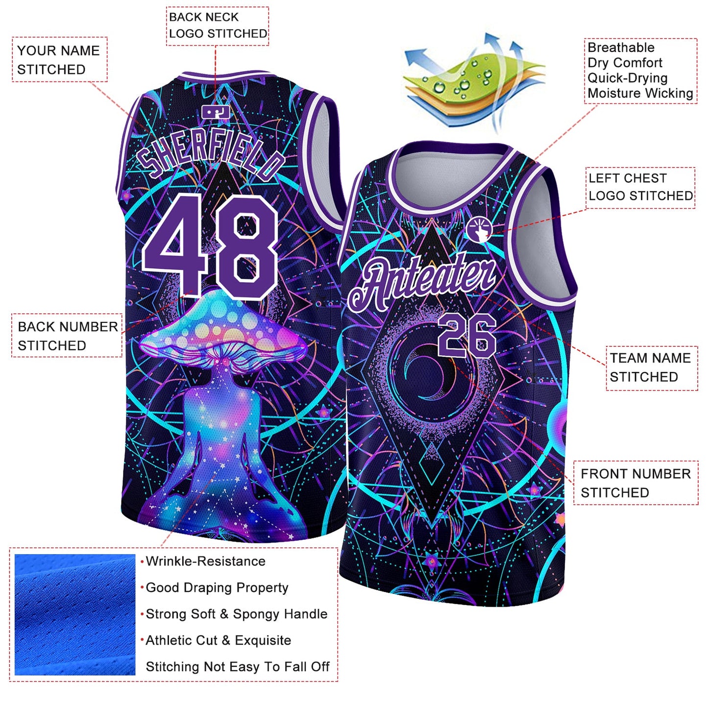 Custom Purple White 3D Pattern Design Magic Mushrooms Over Sacred Geometry Psychedelic Hallucination Authentic Basketball Jersey view 2