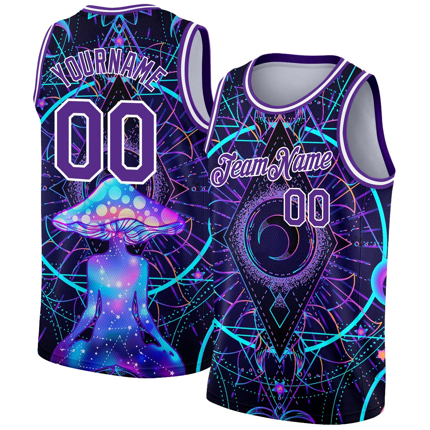 Custom Purple White 3D Pattern Design Magic Mushrooms Over Sacred Geometry Psychedelic Hallucination Authentic Basketball Jersey - Main View