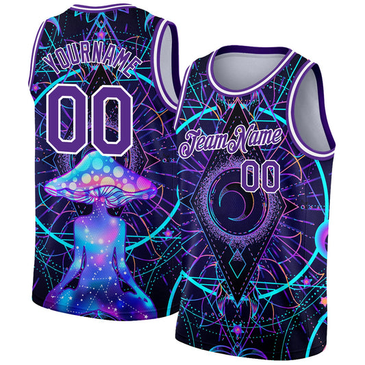 Custom Purple White 3D Pattern Design Magic Mushrooms Over Sacred Geometry Psychedelic Hallucination Authentic Basketball Jersey - Main View