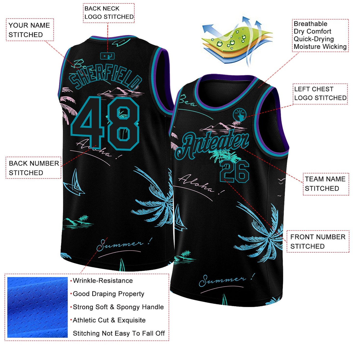 Custom Black Teal 3D Pattern Tropical Hawaii Palm Trees Authentic Basketball Jersey view 2