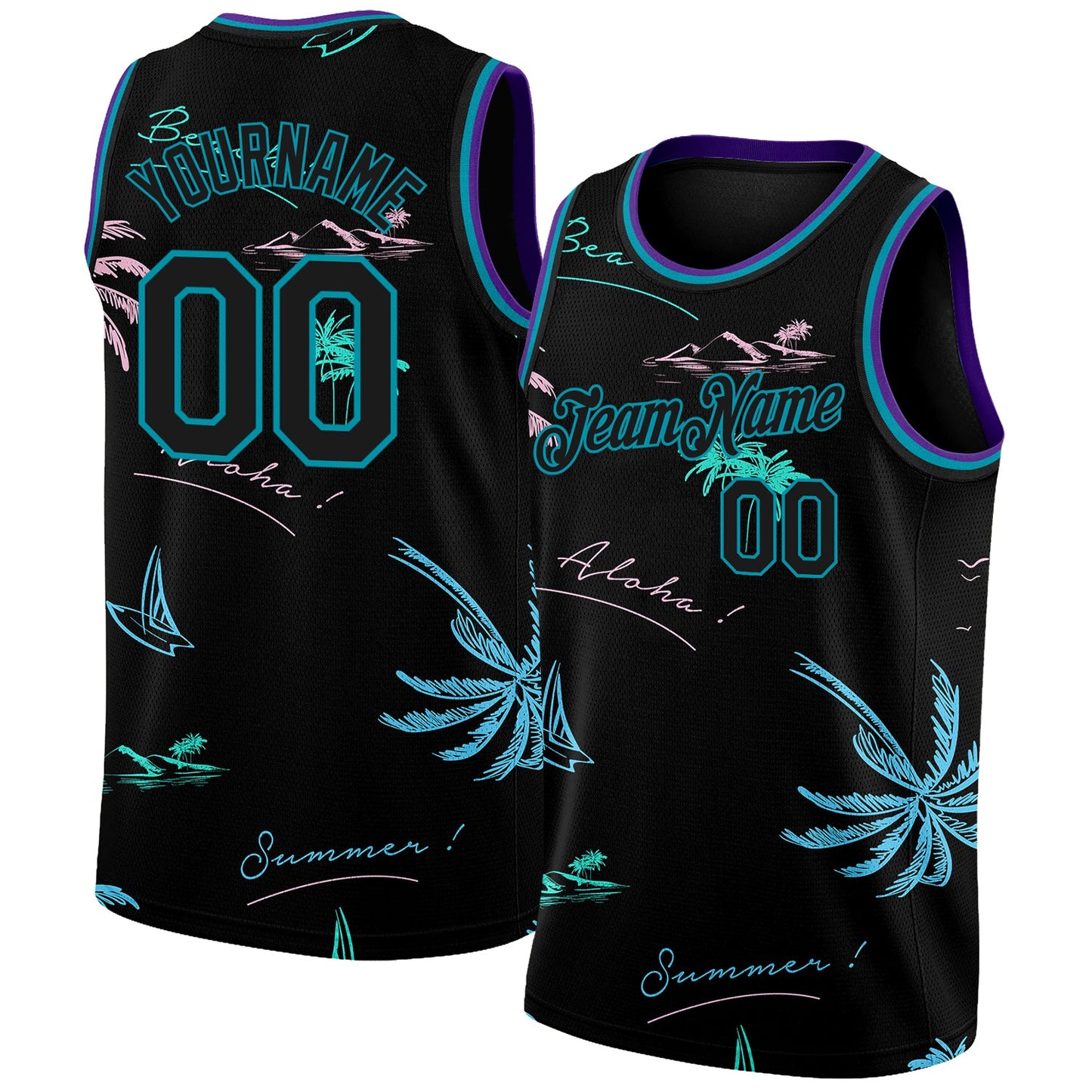 Custom Black Teal 3D Pattern Tropical Hawaii Palm Trees Authentic Basketball Jersey - Main View