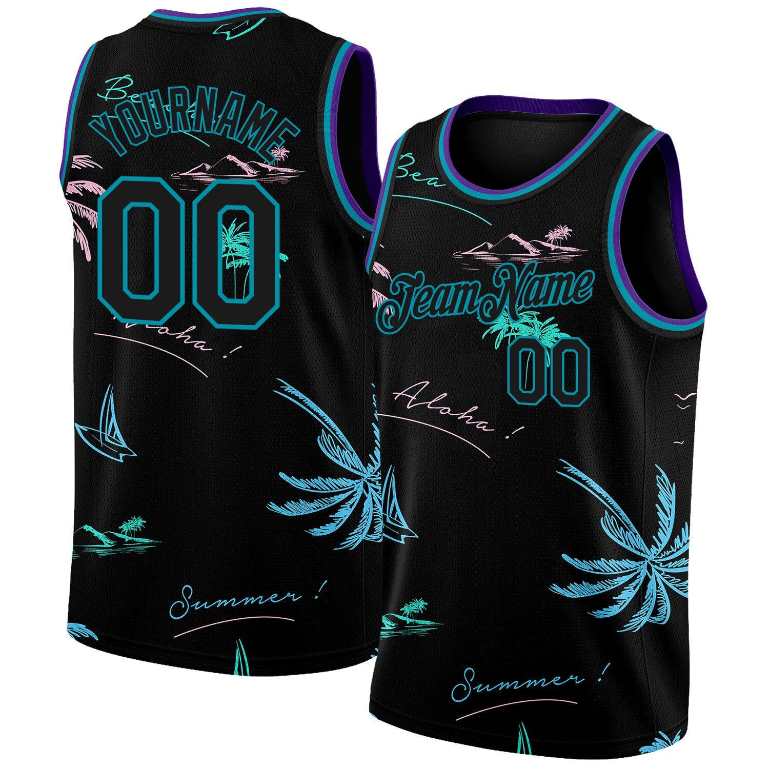 Custom Black Teal 3D Pattern Tropical Hawaii Palm Trees Authentic Basketball Jersey - Main View