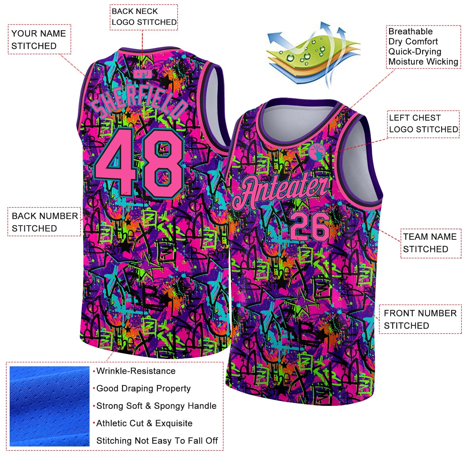 Custom Graffiti Pattern Pink Black-Lakes Blue 3D Grunge Art Authentic Basketball Jersey view 2