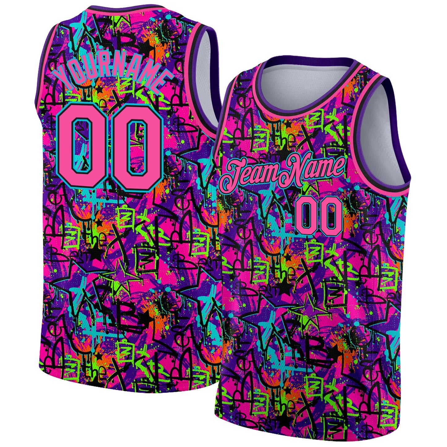 Custom Graffiti Pattern Pink Black-Lakes Blue 3D Grunge Art Authentic Basketball Jersey - Main View