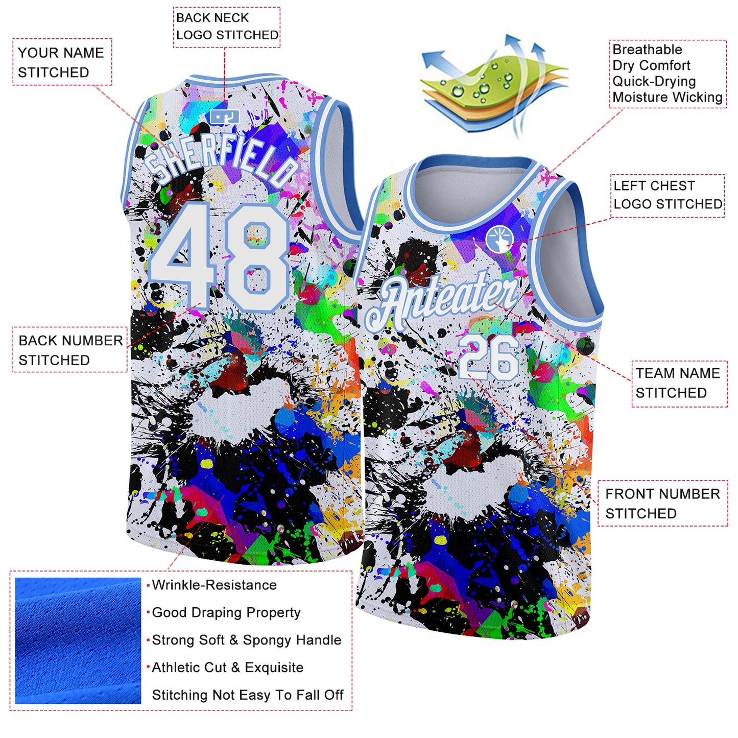 Custom Graffiti Pattern White-Light Blue 3D Grunge Art Authentic Basketball Jersey view 2