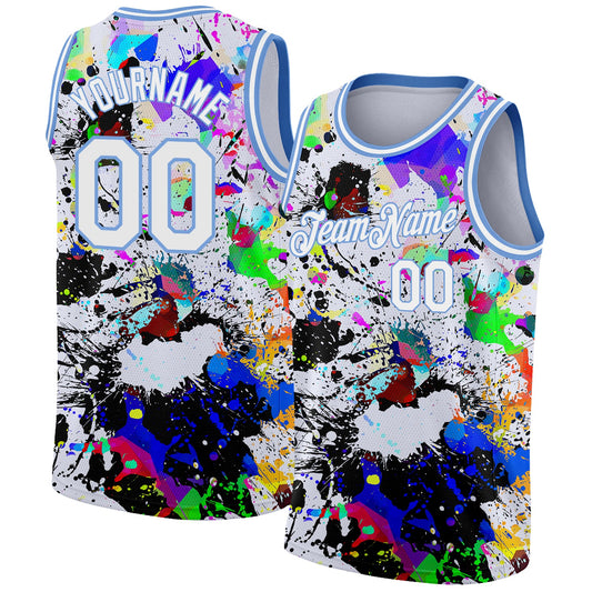 Custom Graffiti Pattern White-Light Blue 3D Grunge Art Authentic Basketball Jersey - Main View