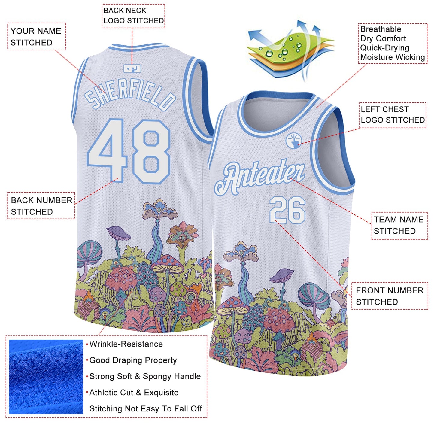 Custom White Light Blue 3D Pattern Design Colorful Flowers And Mushrooms Psychedelic Hallucination Authentic Basketball Jersey view 2