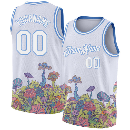 Custom White Light Blue 3D Pattern Design Colorful Flowers And Mushrooms Psychedelic Hallucination Authentic Basketball Jersey - Main View