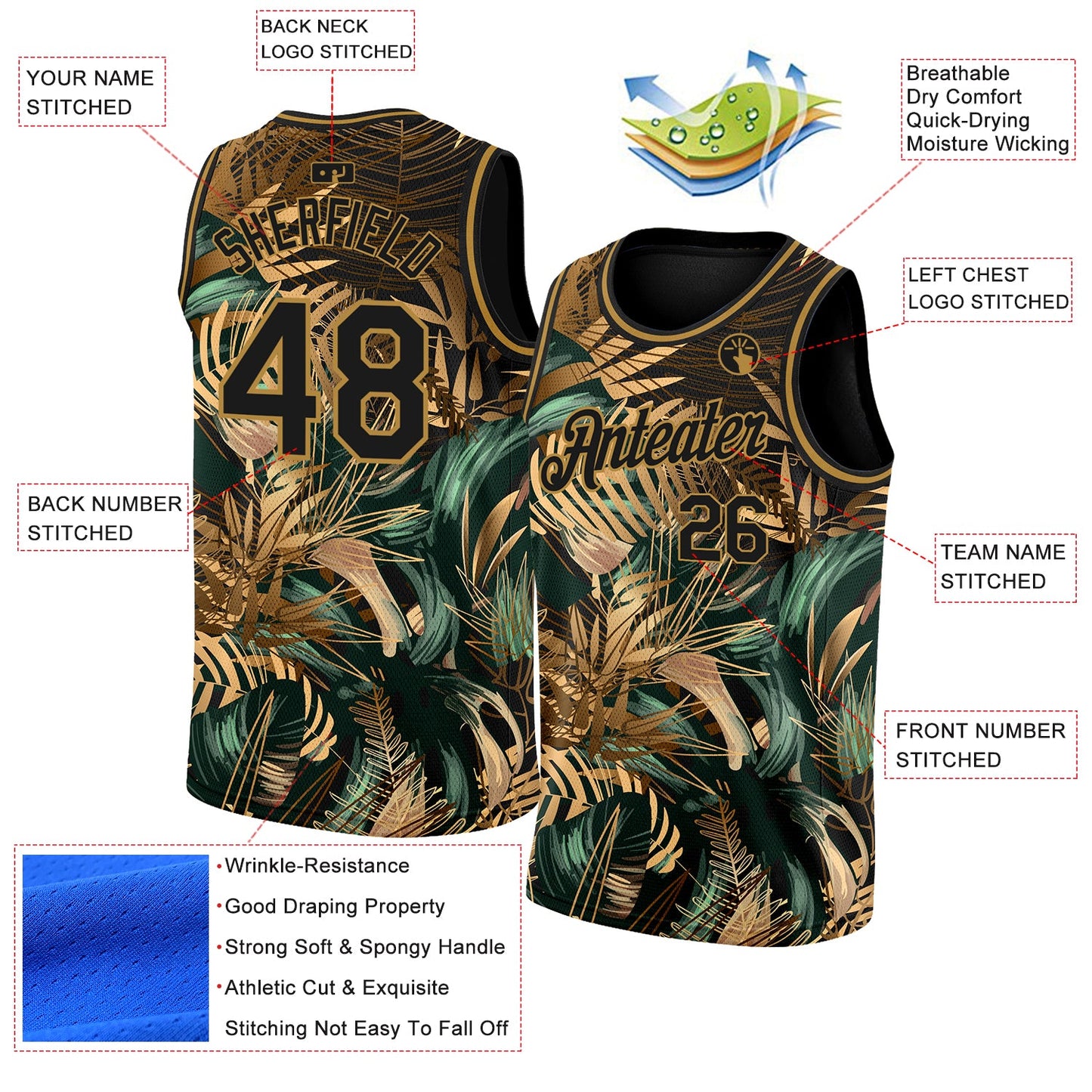 Custom Black Old Gold 3D Pattern Tropical Hawaii Palm Leaves Authentic Basketball Jersey view 2