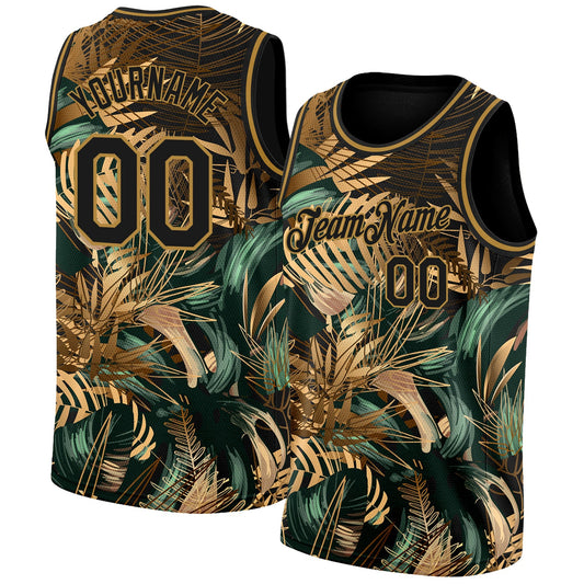 Custom Black Old Gold 3D Pattern Tropical Hawaii Palm Leaves Authentic Basketball Jersey - Main View