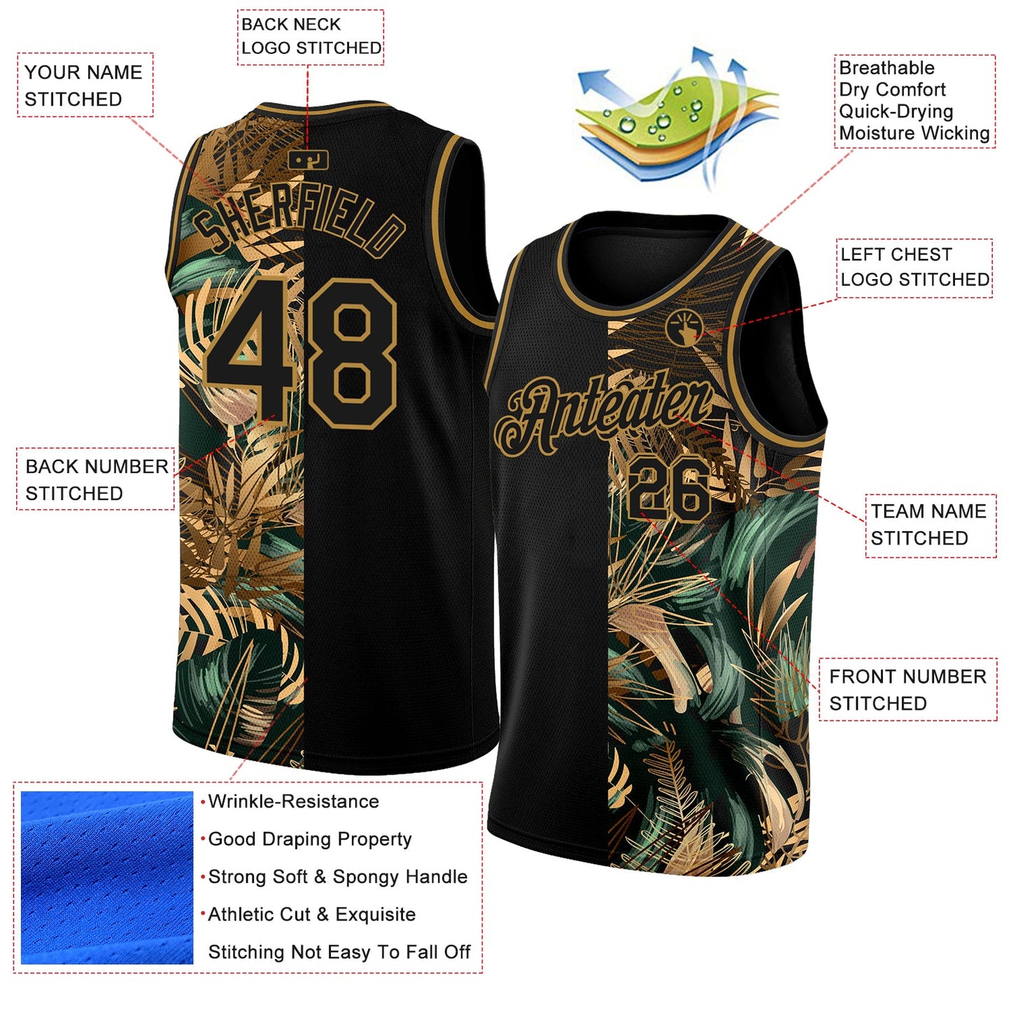 Custom Black Old Gold 3D Pattern Tropical Hawaii Palm Leaves Authentic Basketball Jersey view 2