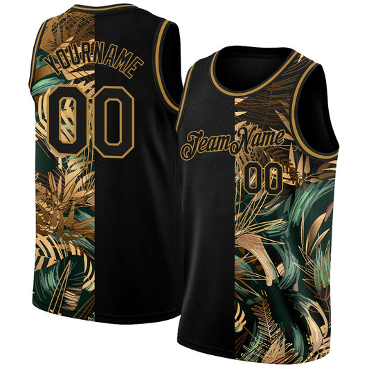 Custom Black Old Gold 3D Pattern Tropical Hawaii Palm Leaves Authentic Basketball Jersey - Main View