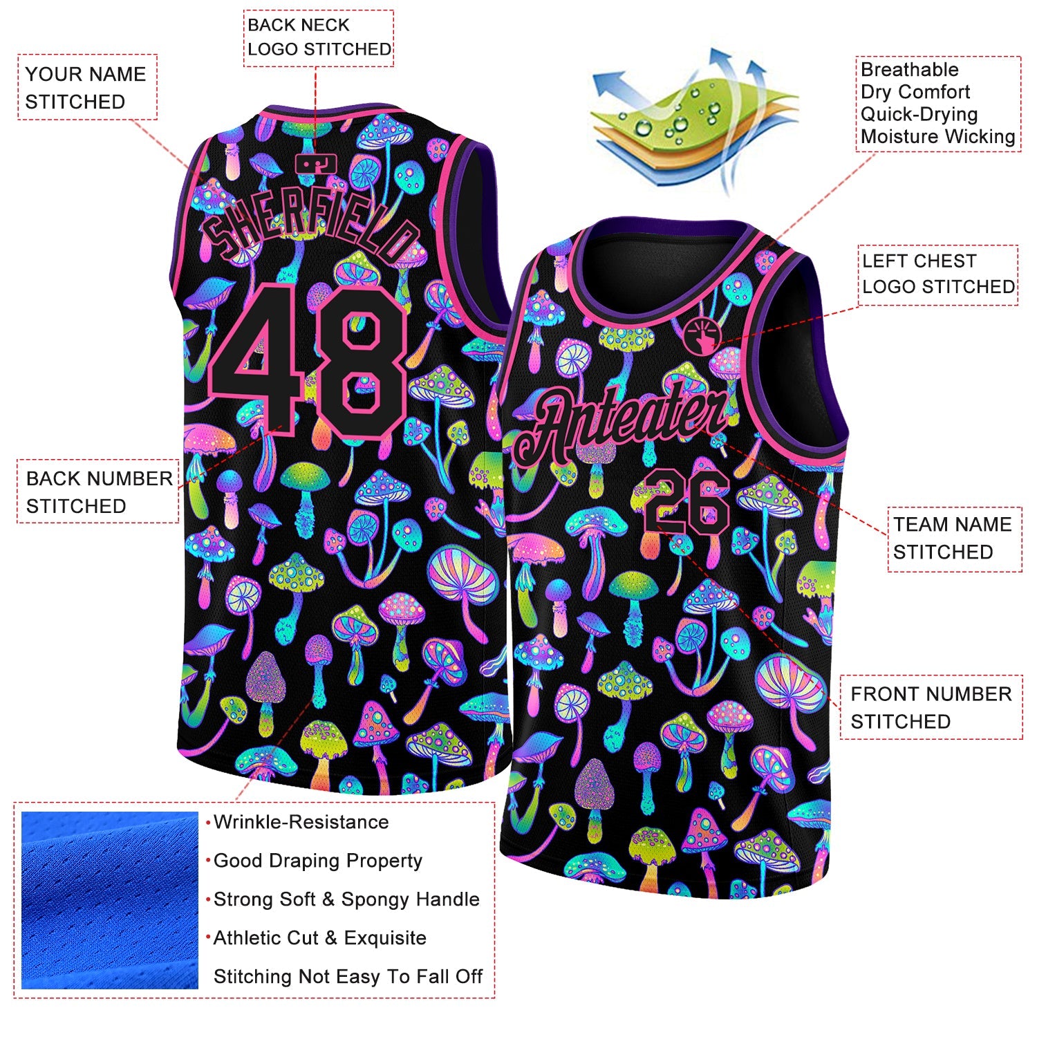 Custom Black Pink 3D Pattern Design Magic Mushrooms Psychedelic Hallucination Authentic Basketball Jersey view 2