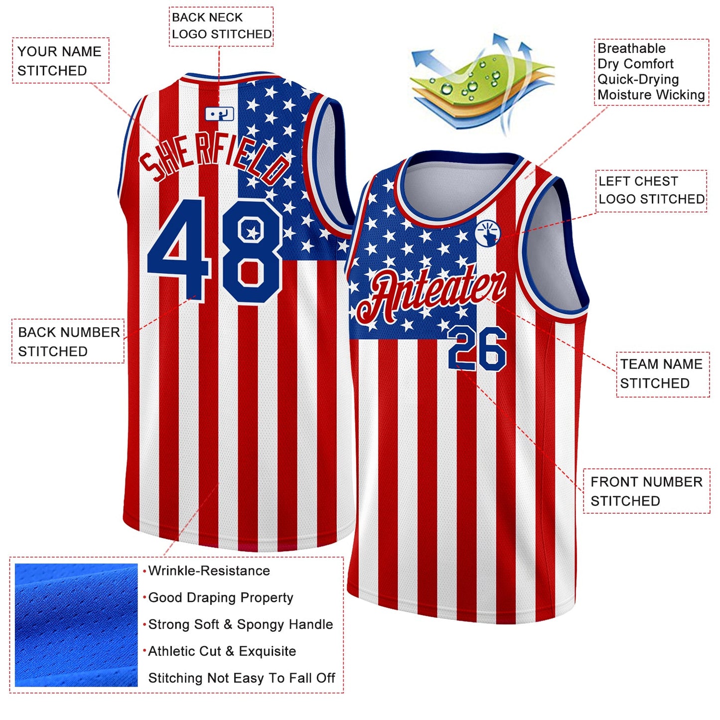 Custom White Royal-Red 3D American Flag Fashion Authentic Basketball Jersey view 2