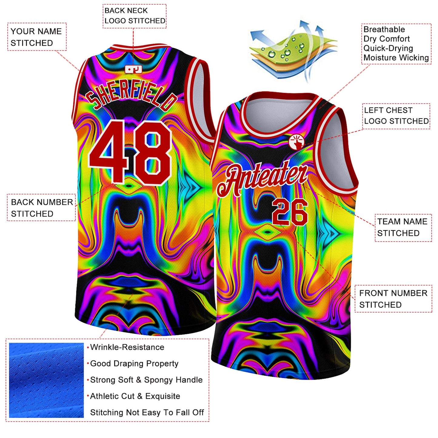 Custom Black Red-White 3D Pattern Design Abstract Iridescent Psychedelic Swirl Fluid Art Authentic Basketball Jersey view 2
