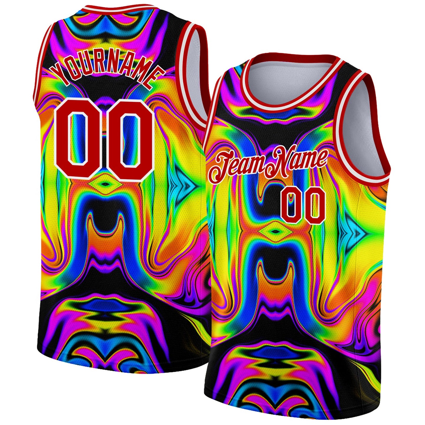 Custom Black Red-White 3D Pattern Design Abstract Iridescent Psychedelic Swirl Fluid Art Authentic Basketball Jersey - Main View