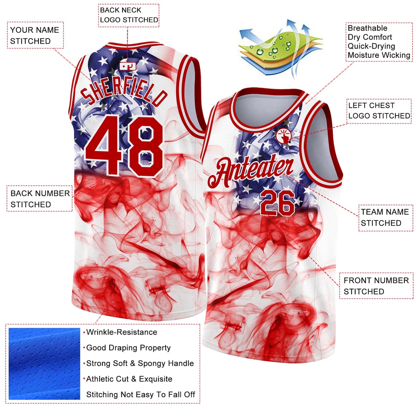 Custom White Red 3D American Flag Fashion Authentic Basketball Jersey view 2