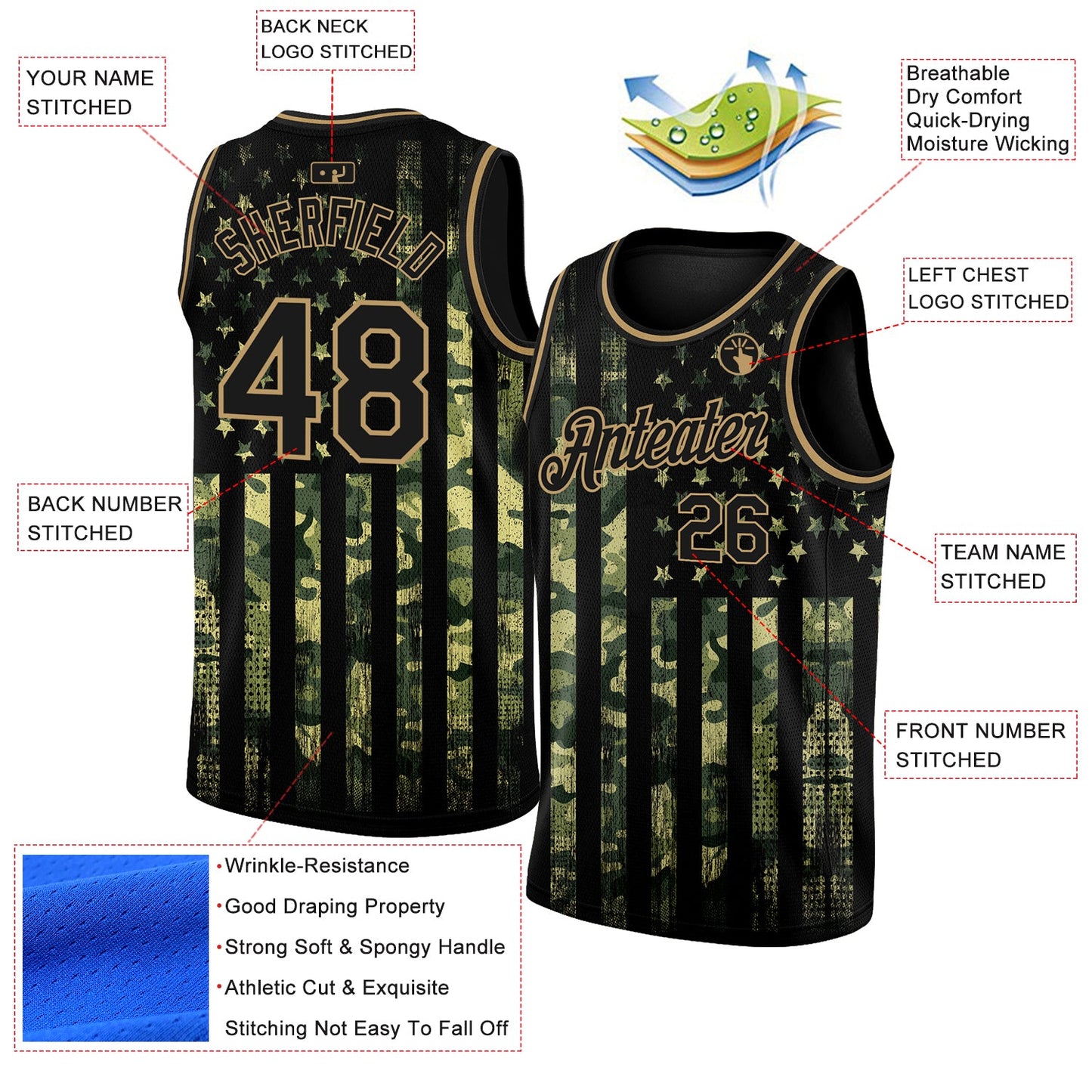 Custom Camo Black-Old Gold 3D American Flag Fashion Authentic Salute To Service Basketball Jersey view 2