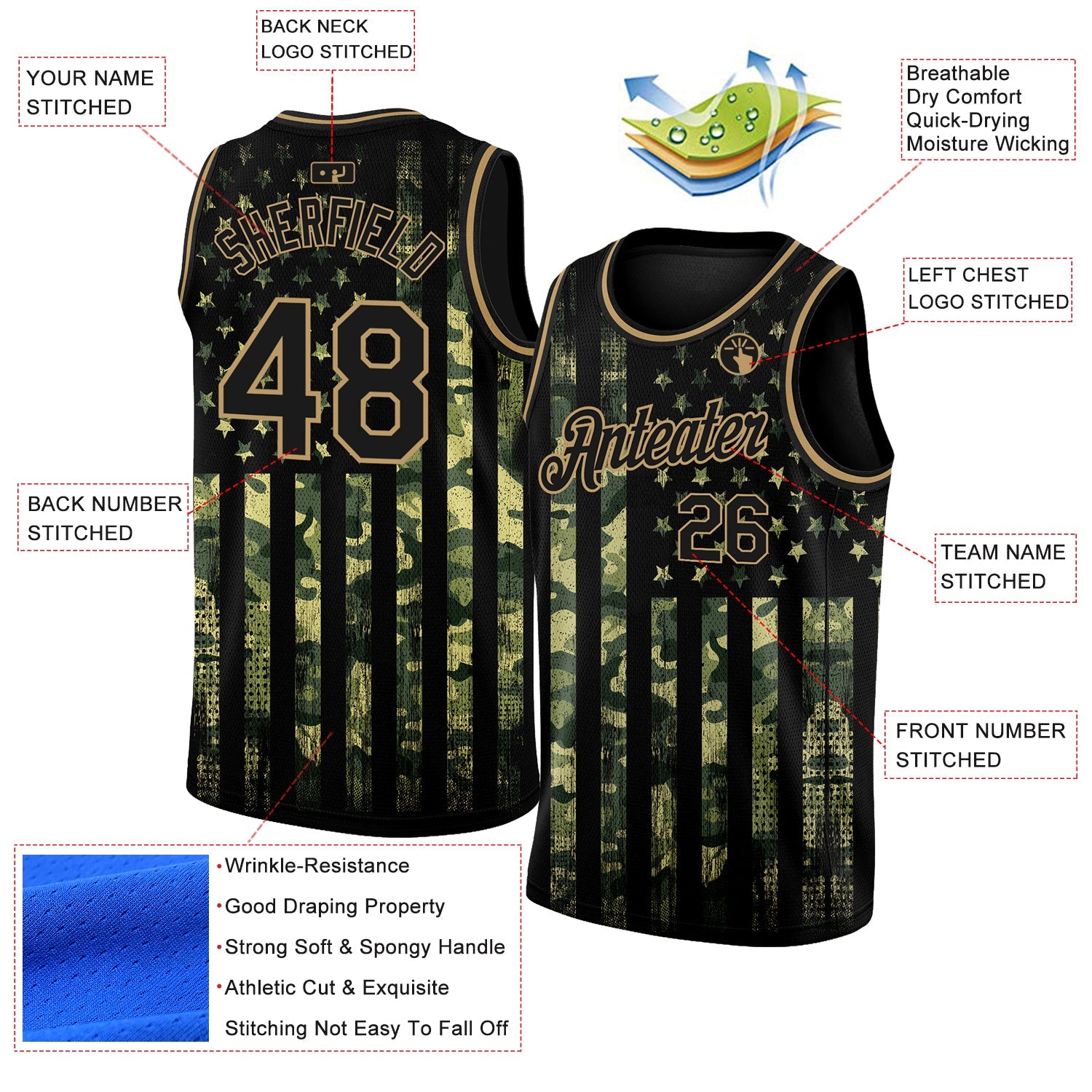Custom Camo Black-Old Gold 3D American Flag Fashion Authentic Salute To Service Basketball Jersey view 2