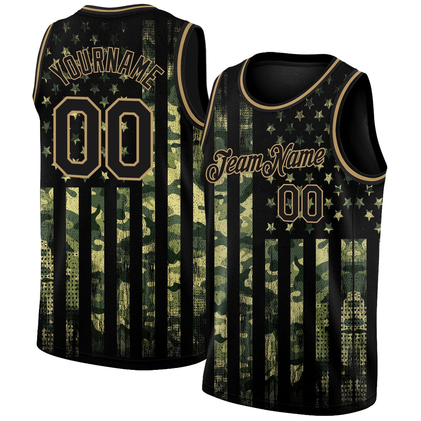 Custom Camo Black-Old Gold 3D American Flag Fashion Authentic Salute To Service Basketball Jersey - Main View