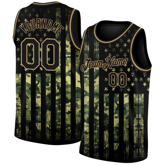 Custom Camo Black-Old Gold 3D American Flag Fashion Authentic Salute To Service Basketball Jersey - Main View