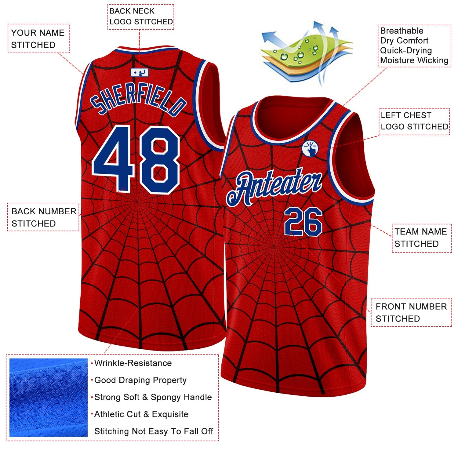 Custom Red Royal-White 3D Pattern Design Spider Web Authentic Basketball Jersey view 2