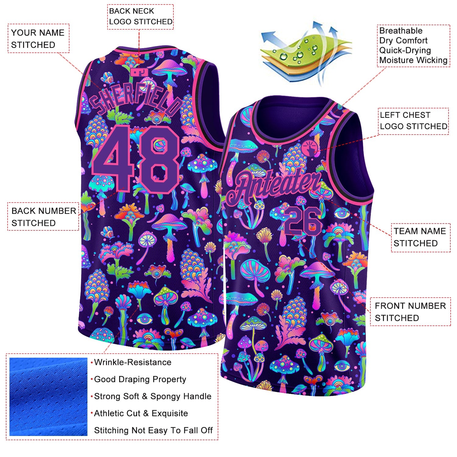 Custom Purple Pink 3D Pattern Design Flowers And Mushrooms Psychedelic Hallucination Authentic Basketball Jersey view 2