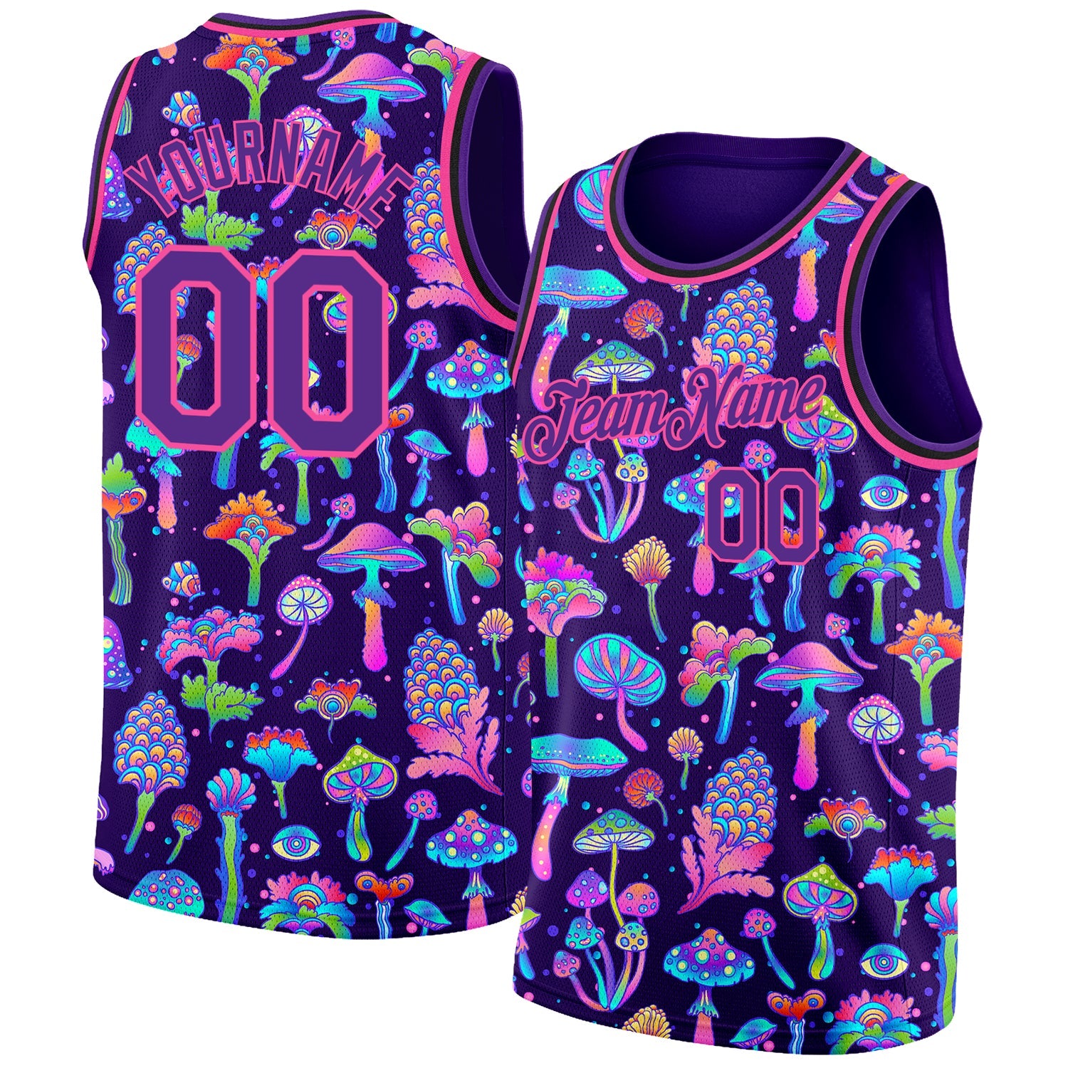 Custom Purple Pink 3D Pattern Design Flowers And Mushrooms Psychedelic Hallucination Authentic Basketball Jersey - Main View