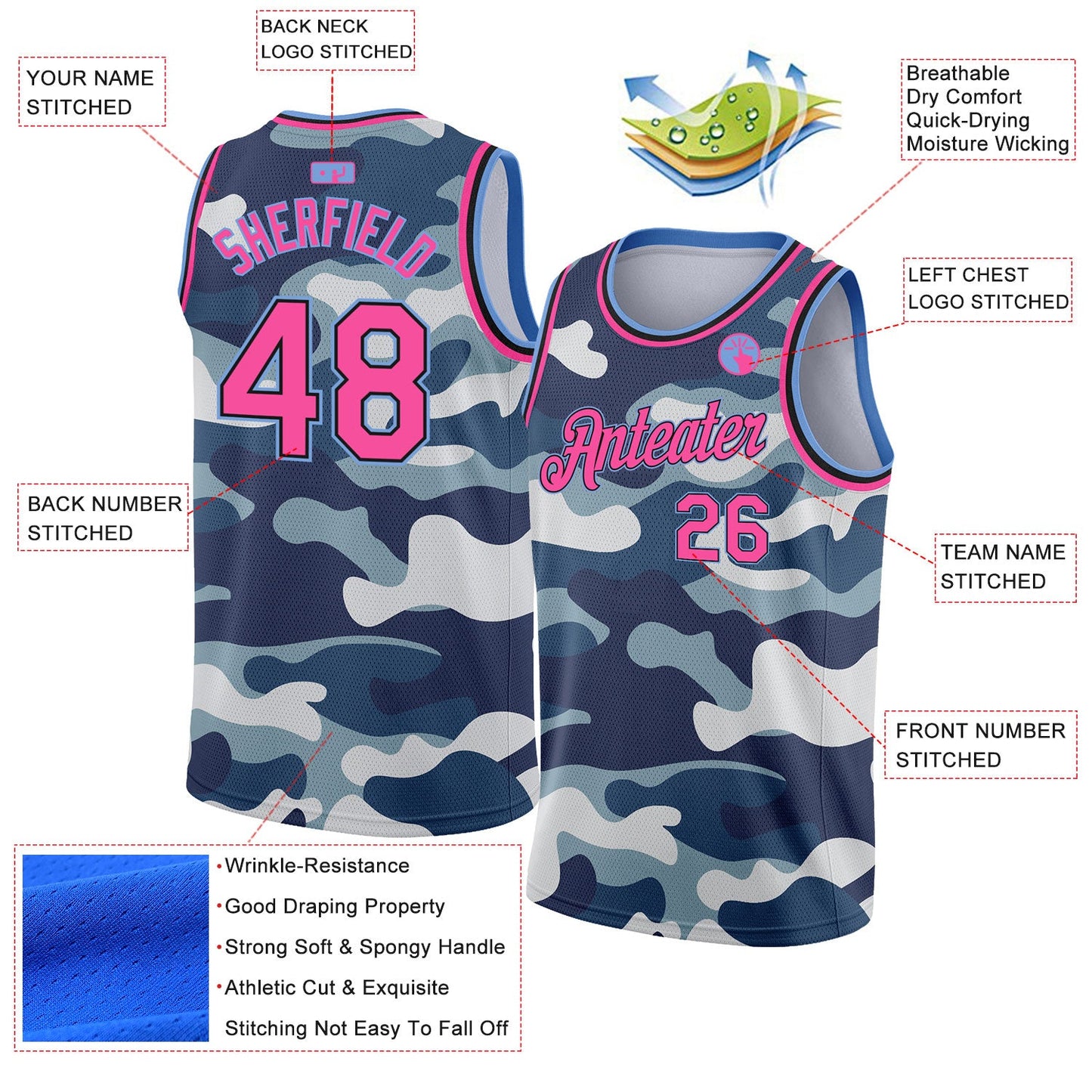 Custom Camo Pink Black-Light Blue 3D Authentic Salute To Service Basketball Jersey view 2