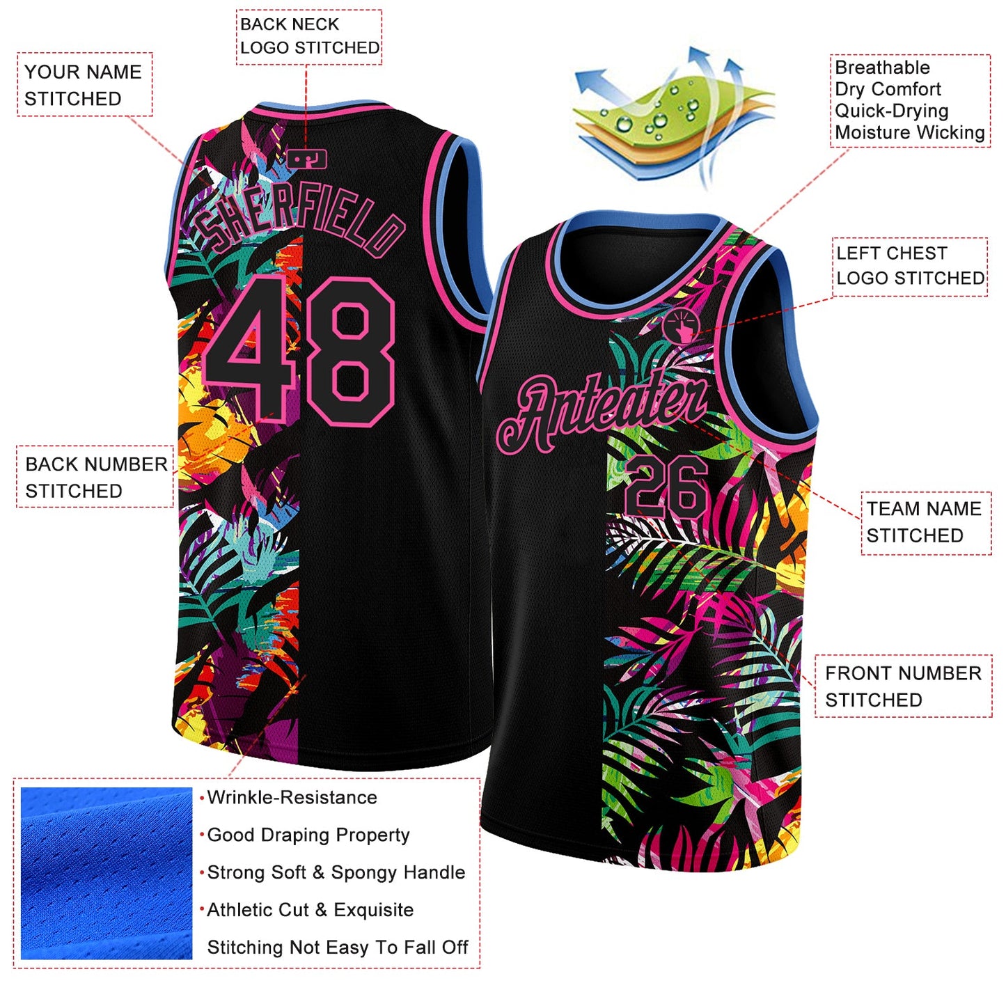 Custom Black Pink-Light Blue 3D PatternTropical Hawaii Palm Leaves Authentic Basketball Jersey view 2