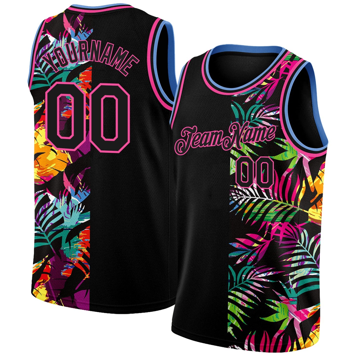 Custom Black Pink-Light Blue 3D PatternTropical Hawaii Palm Leaves Authentic Basketball Jersey - Main View
