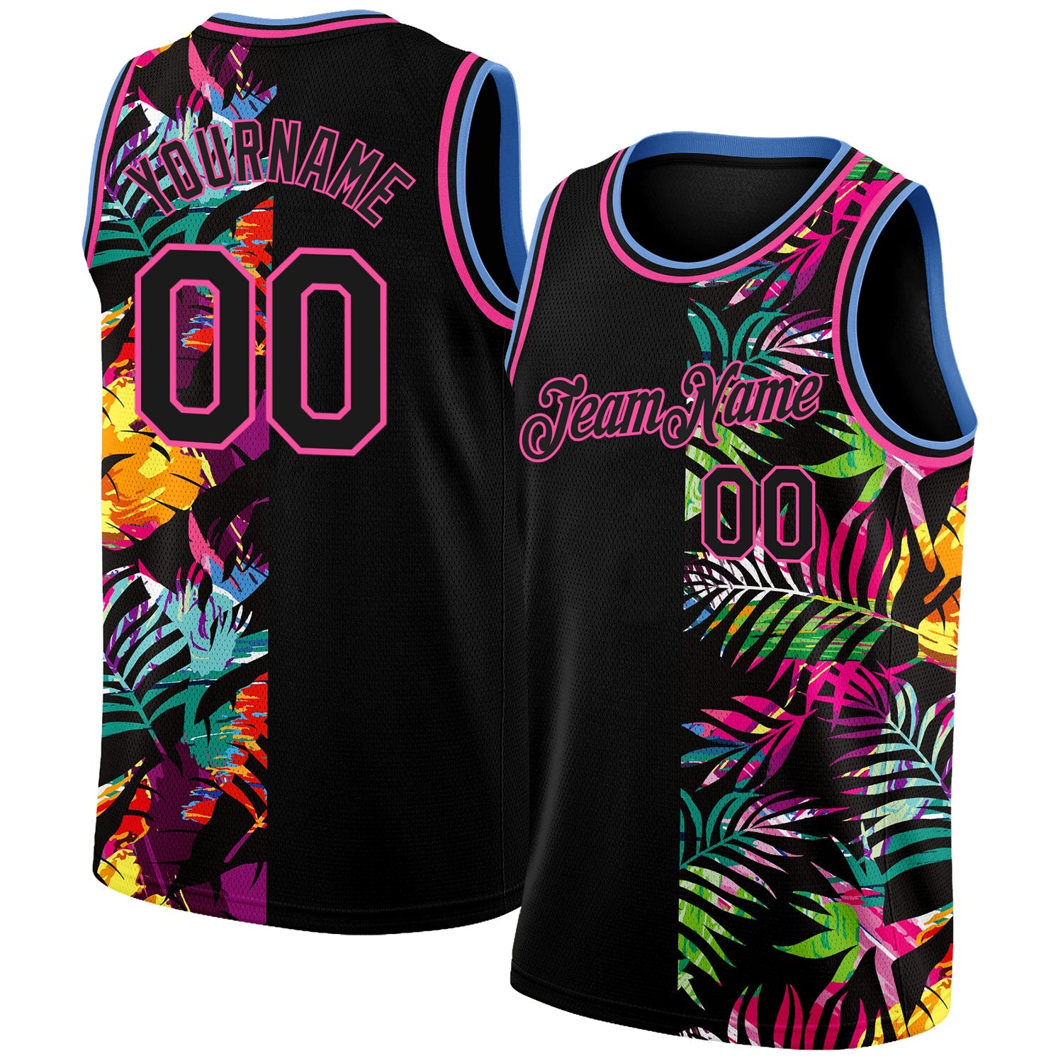 Custom Black Pink-Light Blue 3D PatternTropical Hawaii Palm Leaves Authentic Basketball Jersey - Main View