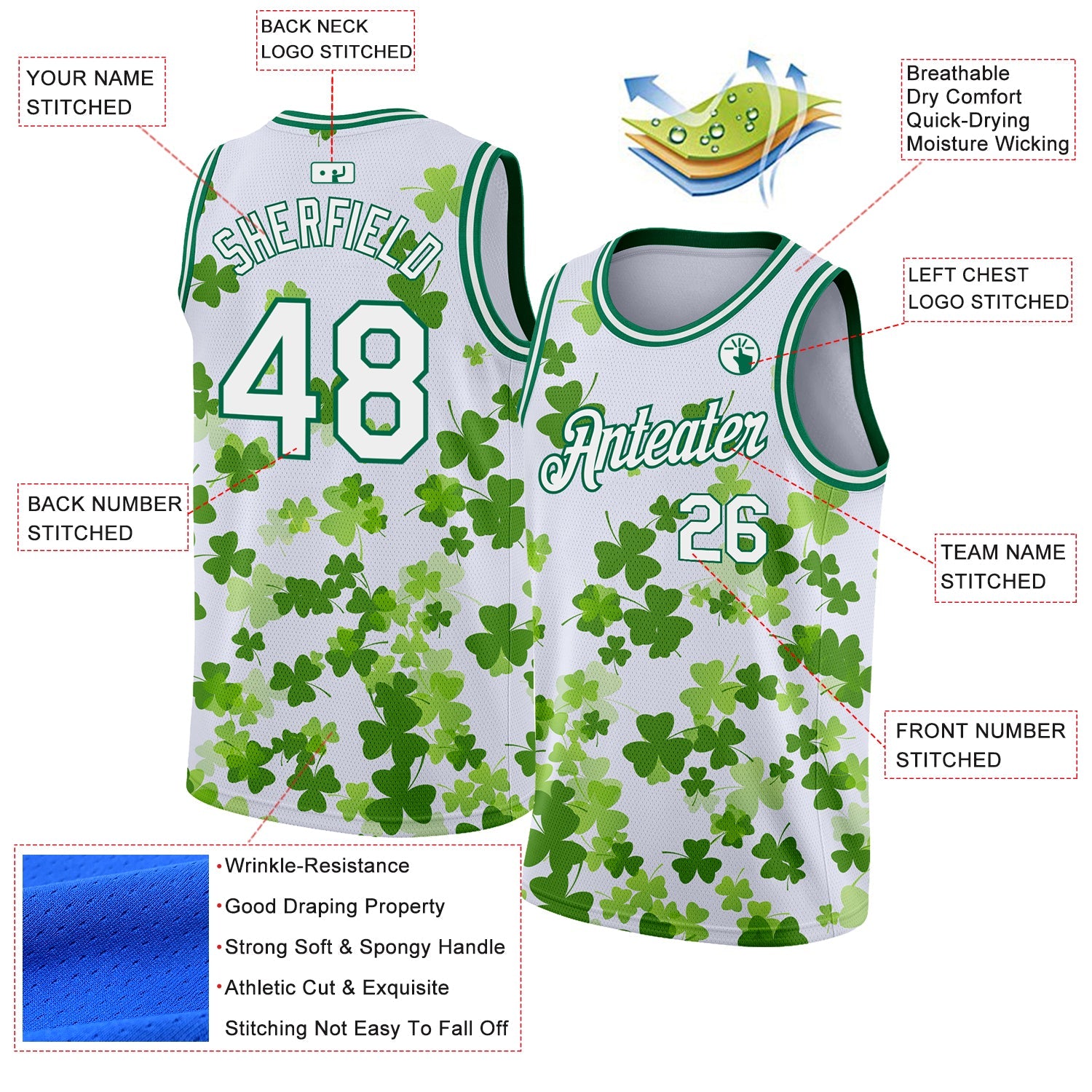 Custom White Kelly Green 3D Pattern Design St. Patrick's Day Authentic Basketball Jersey view 2