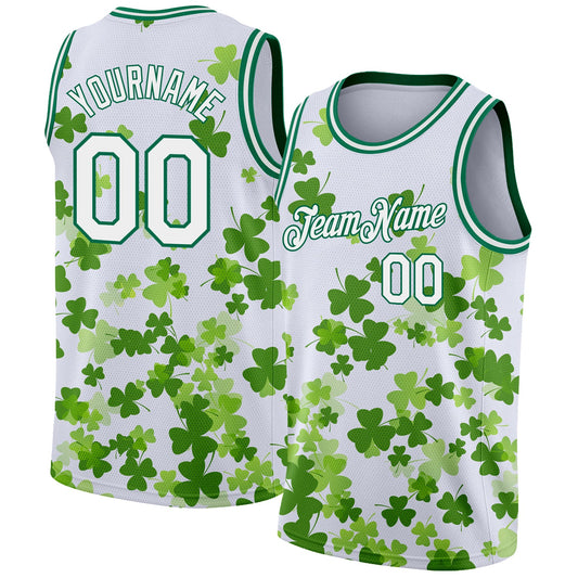 Custom White Kelly Green 3D Pattern Design St. Patrick's Day Authentic Basketball Jersey - Main View
