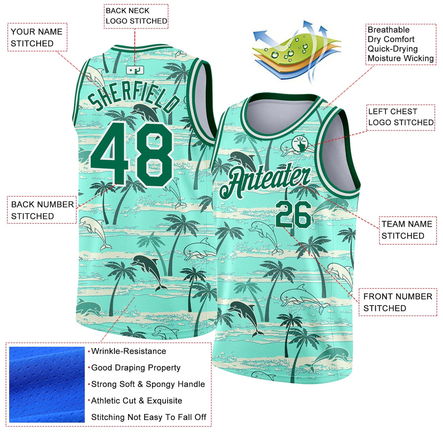Custom Teal Kelly Green-White 3D Pattern Tropical Hawaii Palm Trees Authentic Basketball Jersey view 2