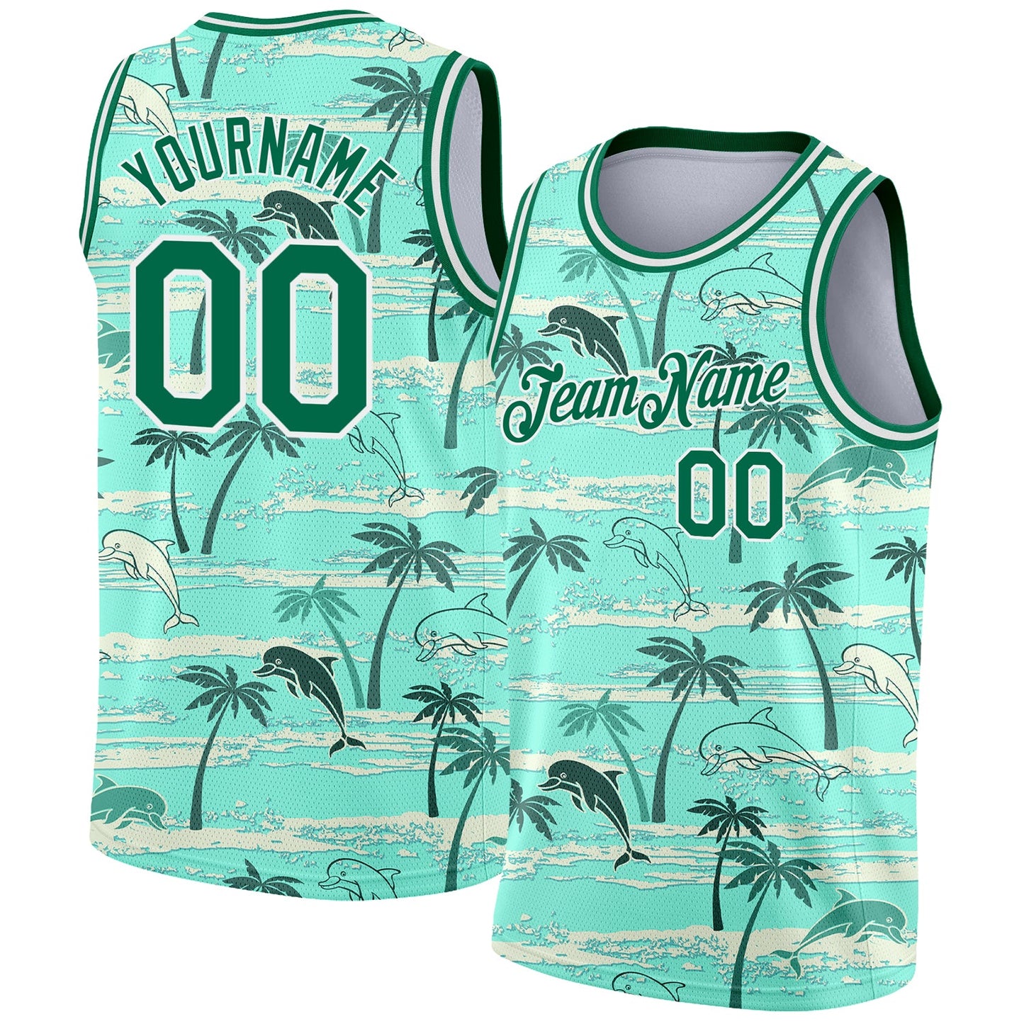 Custom Teal Kelly Green-White 3D Pattern Tropical Hawaii Palm Trees Authentic Basketball Jersey - Main View