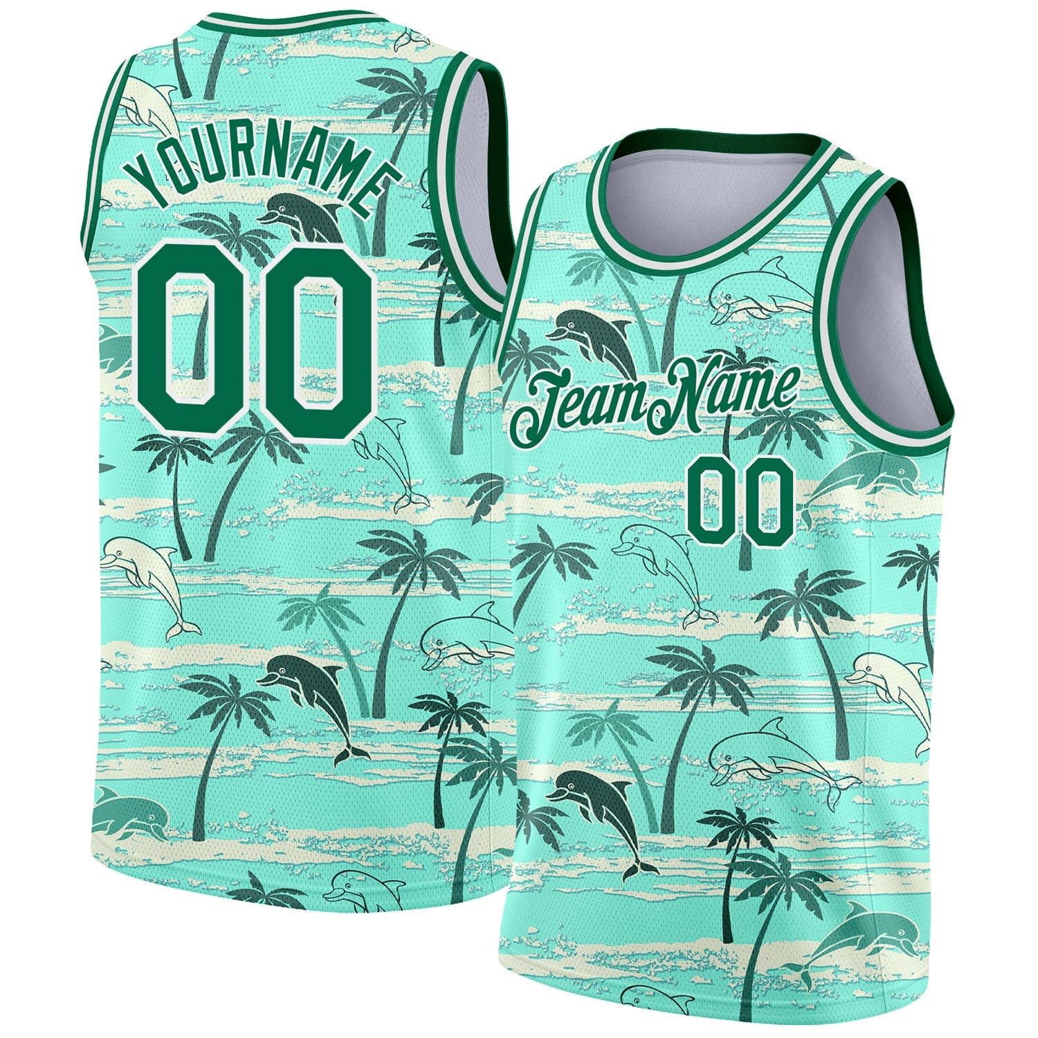 Custom Teal Kelly Green-White 3D Pattern Tropical Hawaii Palm Trees Authentic Basketball Jersey - Main View