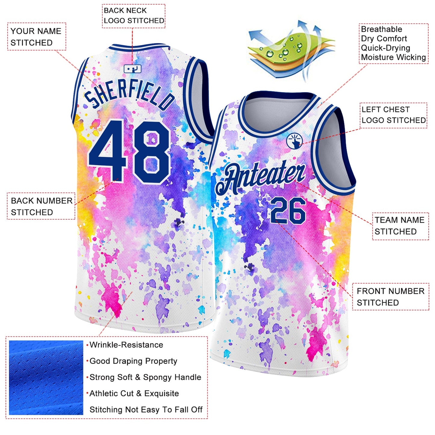 Custom White Royal 3D Pattern Design Watercolor Splash Authentic Basketball Jersey view 2