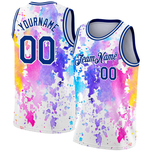 Custom White Royal 3D Pattern Design Watercolor Splash Authentic Basketball Jersey - Main View