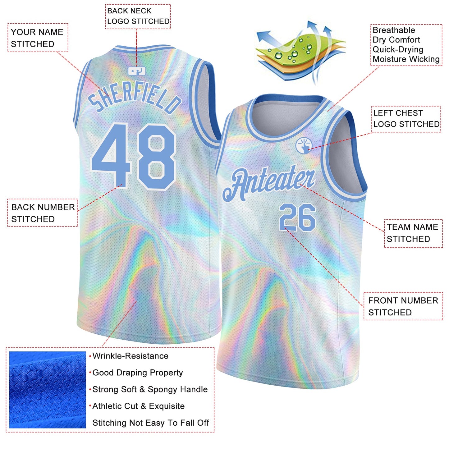 Custom White Light Blue 3D Pattern Design Abstract Trendy Holographic Vaporwave Style Authentic Basketball Jersey view 2