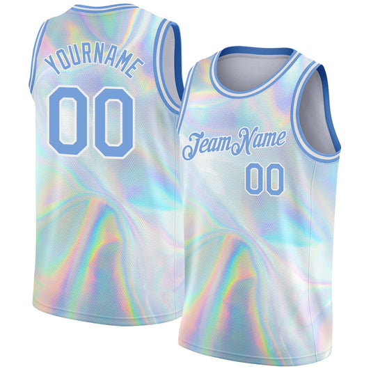 Custom White Light Blue 3D Pattern Design Abstract Trendy Holographic Vaporwave Style Authentic Basketball Jersey - Main View