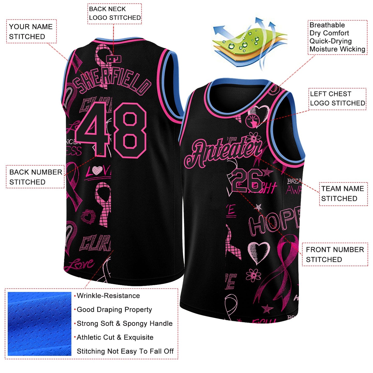 Custom Black Pink-Light Blue 3D Pattern Design Pink Ribbon Breast Cancer Awareness Month Women Health Care Support Authentic Basketball Jersey view 2