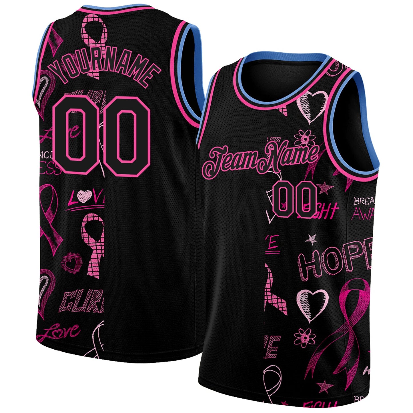 Custom Black Pink-Light Blue 3D Pattern Design Pink Ribbon Breast Cancer Awareness Month Women Health Care Support Authentic Basketball Jersey - Main View