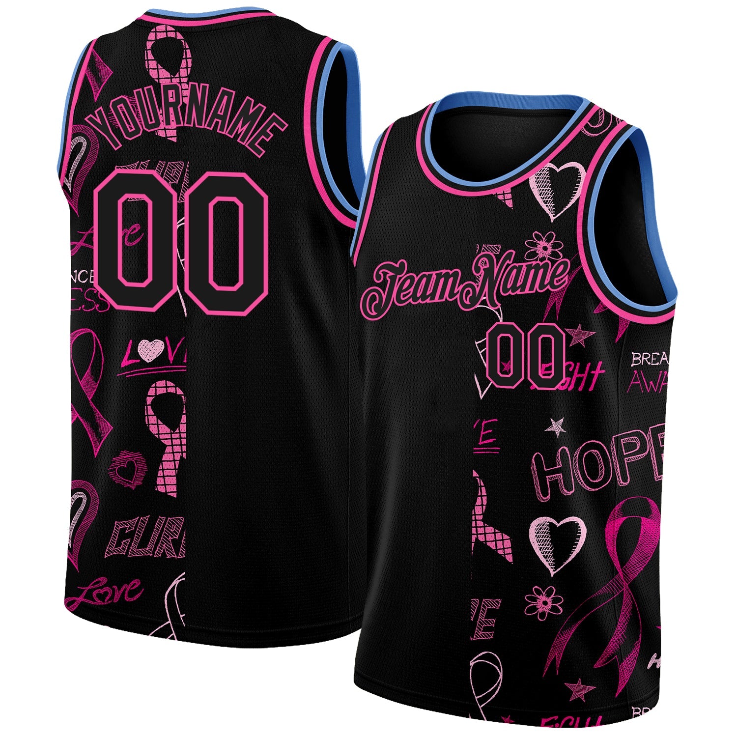 Custom Black Pink-Light Blue 3D Pattern Design Pink Ribbon Breast Cancer Awareness Month Women Health Care Support Authentic Basketball Jersey - Main View