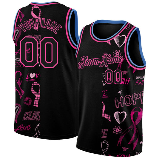 Custom Black Pink-Light Blue 3D Pattern Design Pink Ribbon Breast Cancer Awareness Month Women Health Care Support Authentic Basketball Jersey - Main View
