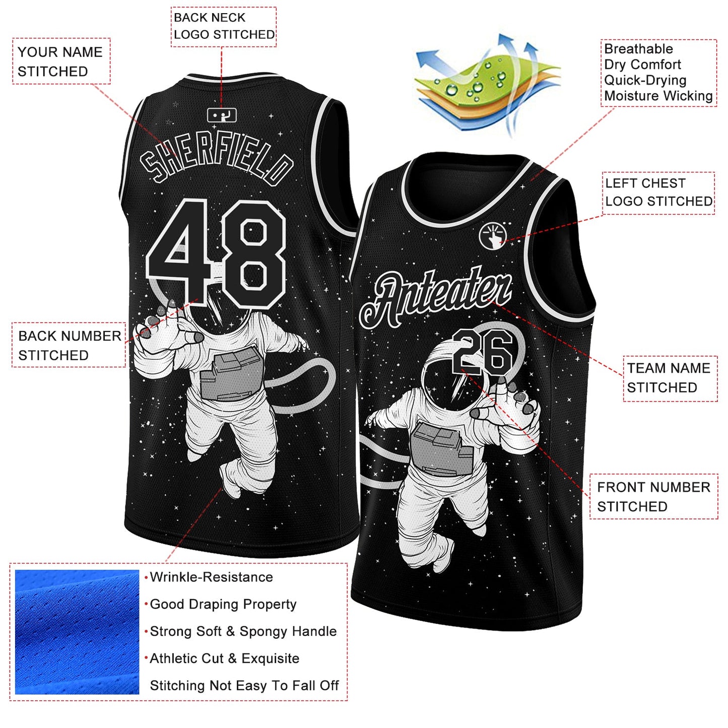 Custom Black White 3D Pattern Design Astronaut Authentic Basketball Jersey view 2